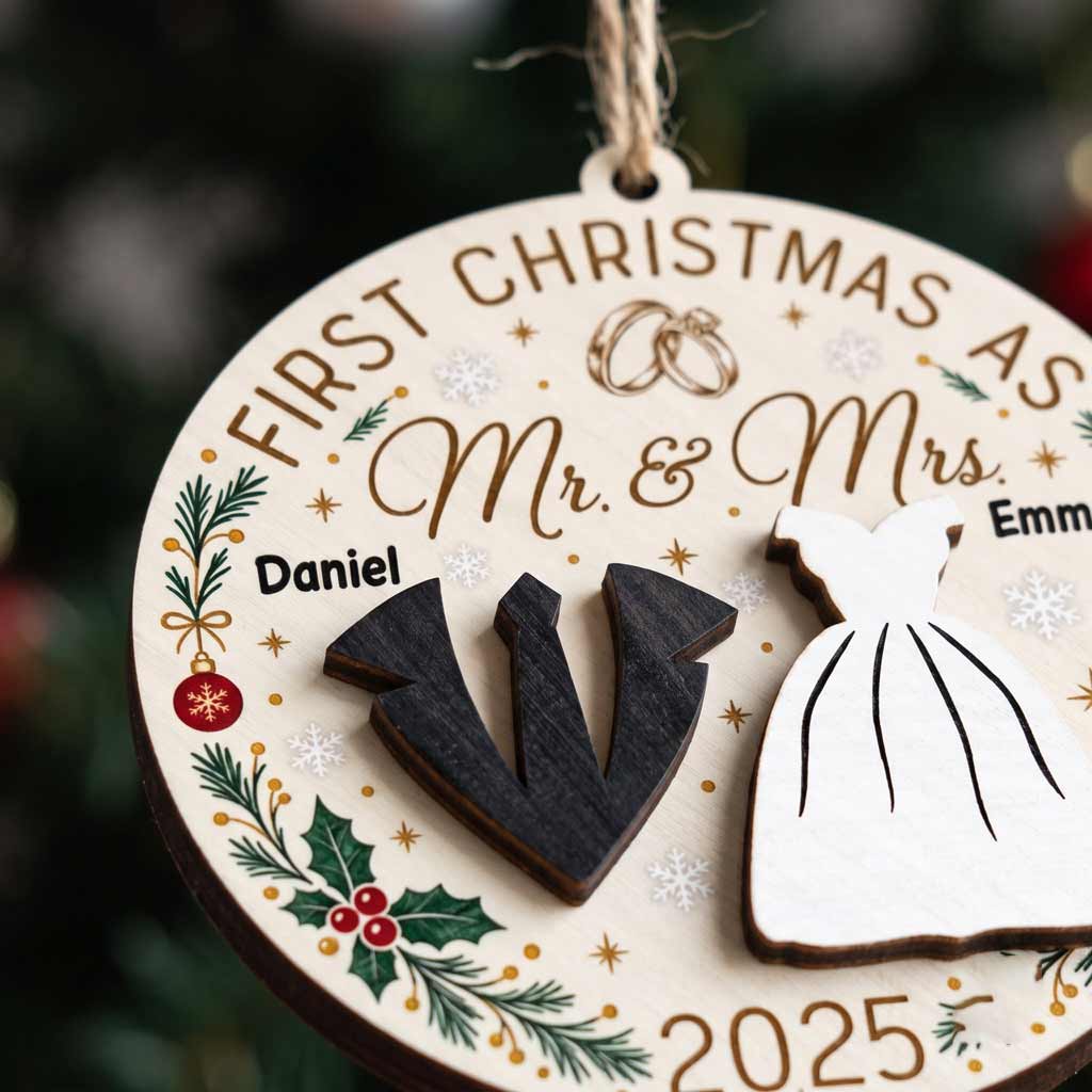 First Christmas As Mr & Mrs 2026 Wedding Rings Bride Groom Custom Name Wedding Newlywed Keepsake Wooden Christmas Ornament