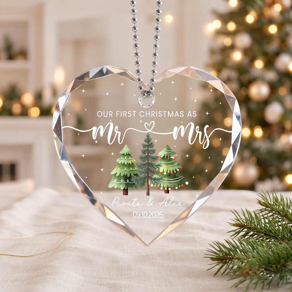 Our First Christmas as Mr & Mrs Custom Couple Name Date Wedding Heart Glass Christmas Ornament