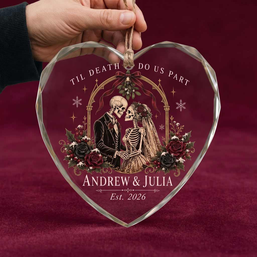 Til Death Do Us Part Skeleton Bride Groom Custom Gothic Wedding Couple Heart Glass Ornament
