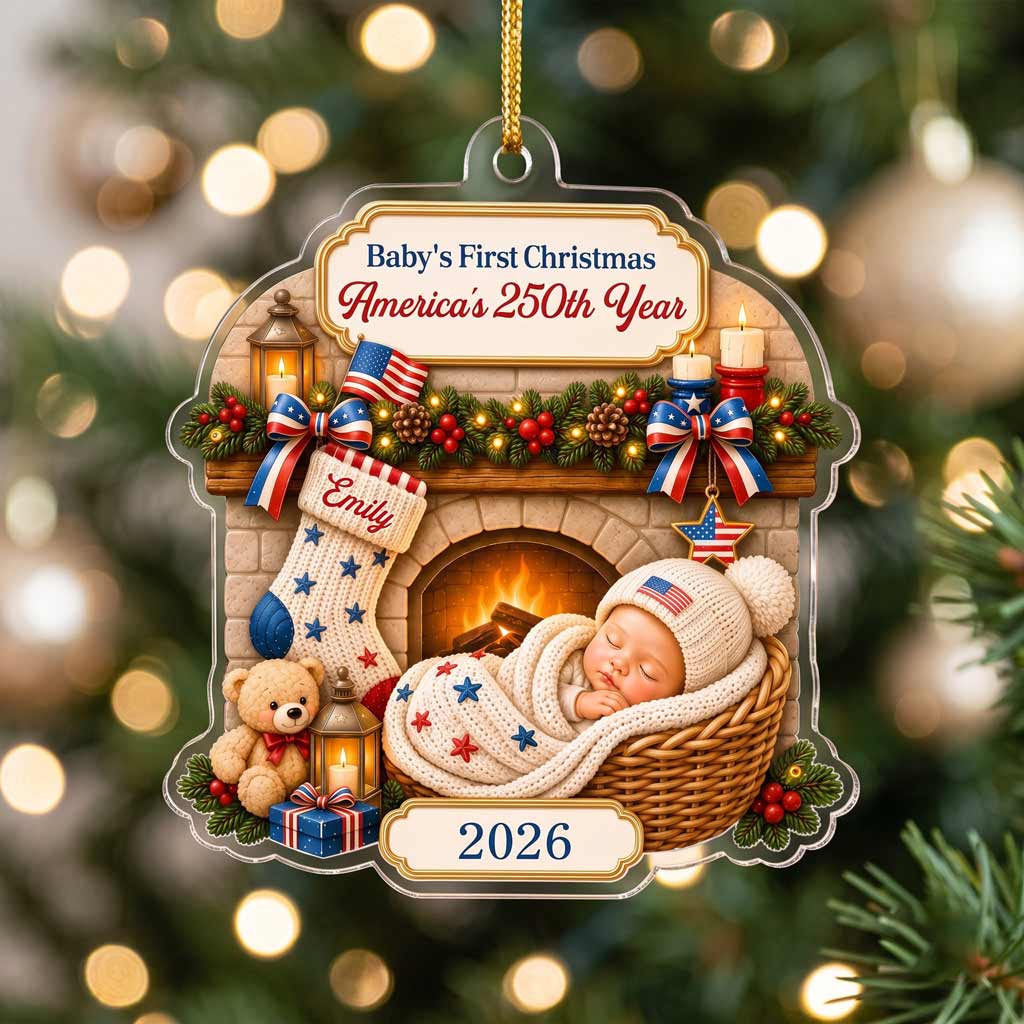 Baby's First Christmas America's 250th Year Custom Name 2026 Newborn Acrylic Patriotic Christmas Ornament