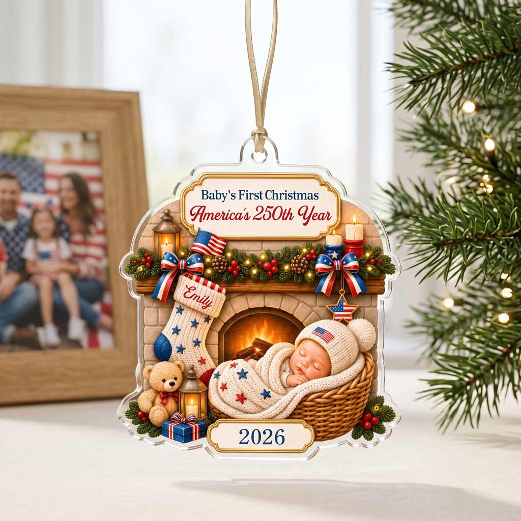 Baby's First Christmas America's 250th Year Custom Name 2026 Newborn Acrylic Patriotic Christmas Ornament