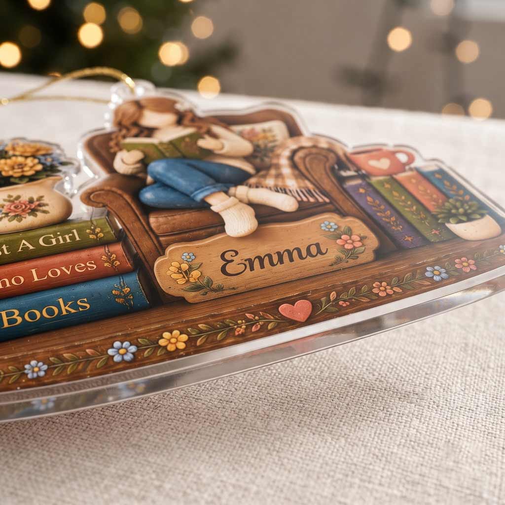 Cozy Reading Girl With Books Custom Name Bookworm Gift for Her Christmas Acrylic Ornament