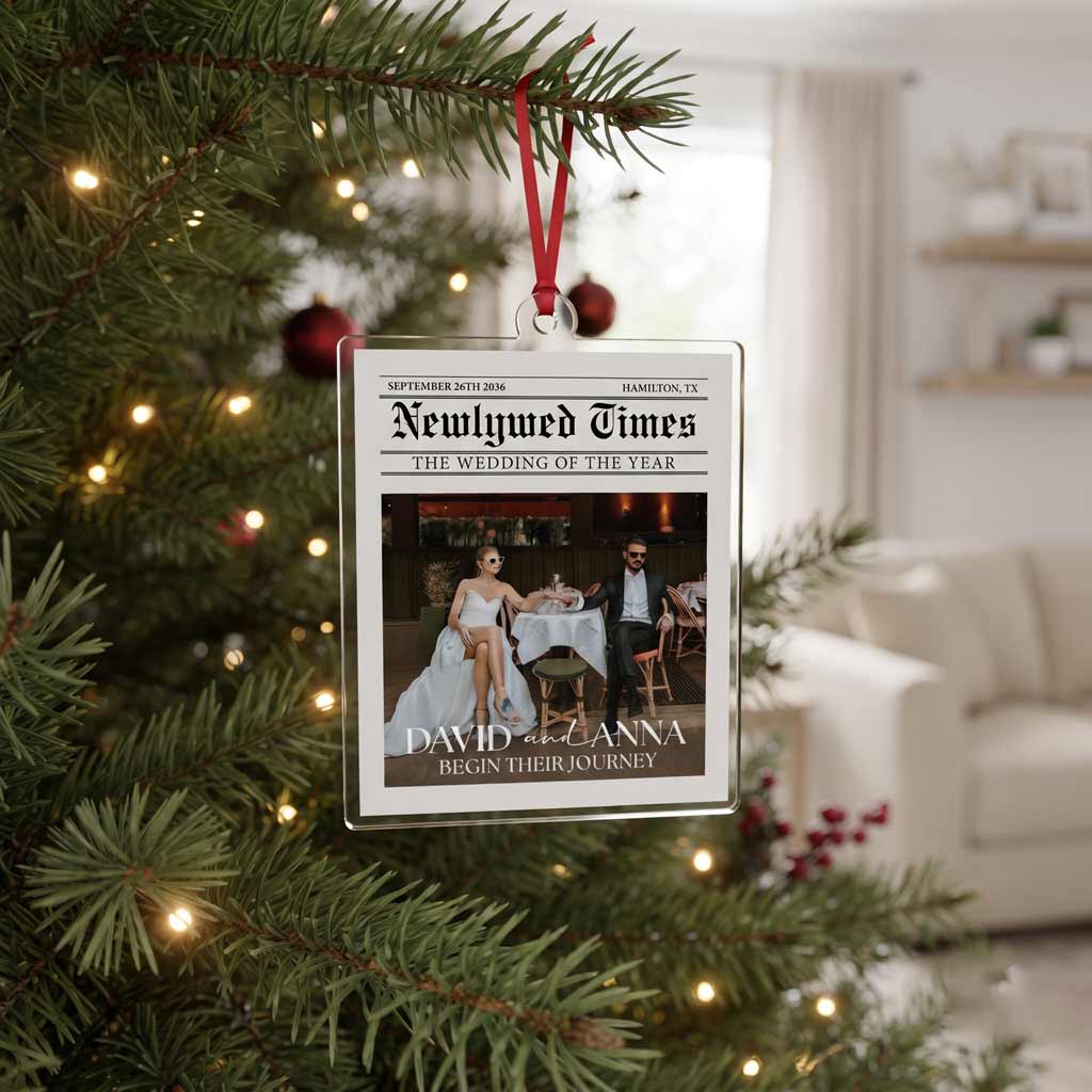 Newlywed Times Wedding of the Year Custom Photo Name Date Wedding Keepsake Acrylic Christmas Ornament