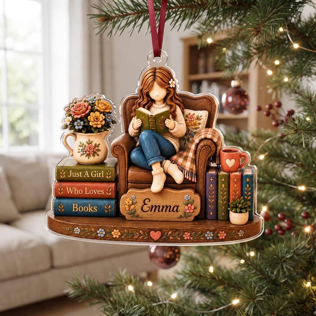 Cozy Reading Girl With Books Custom Name Bookworm Gift for Her Christmas Acrylic Ornament
