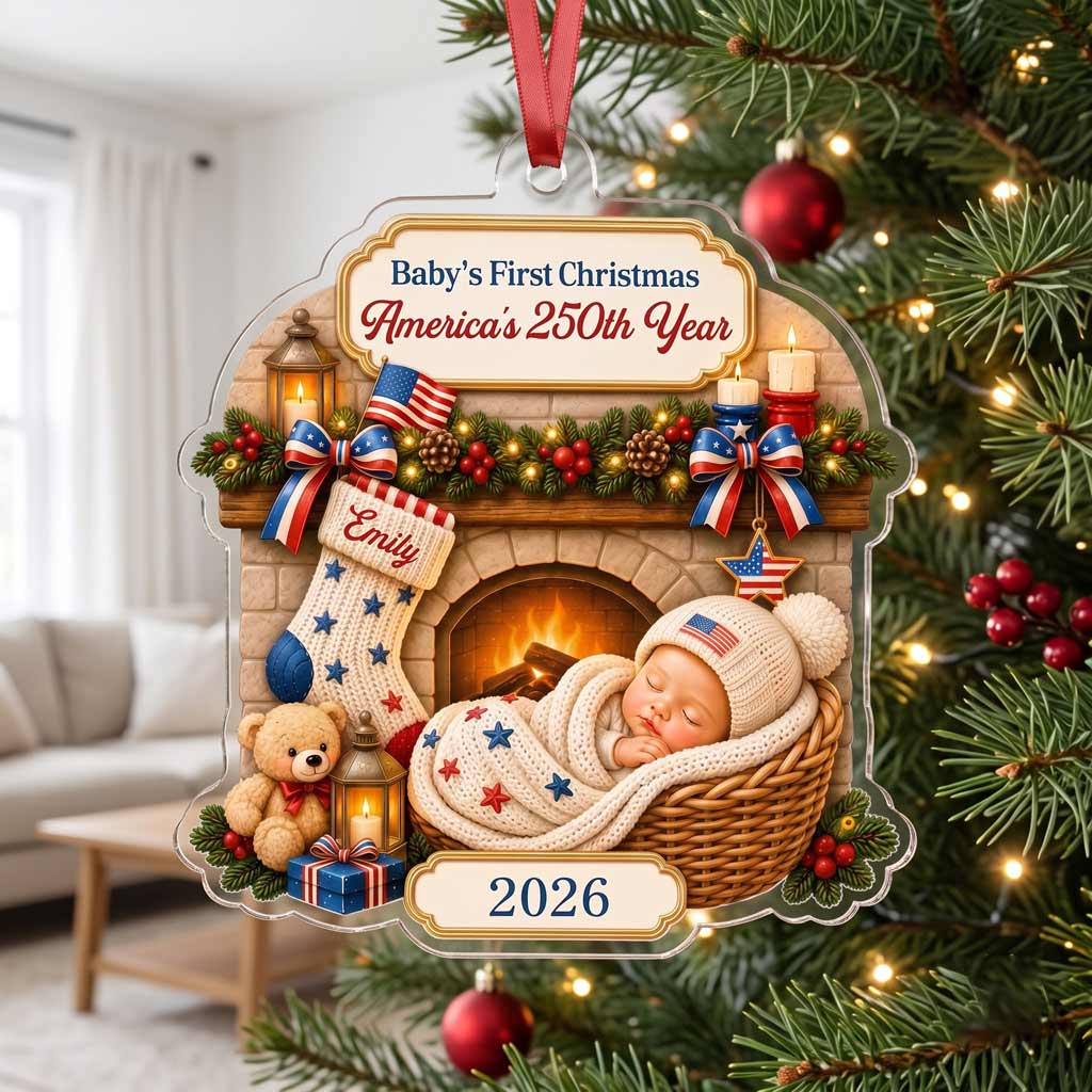 Baby's First Christmas America's 250th Year Custom Name 2026 Newborn Acrylic Patriotic Christmas Ornament