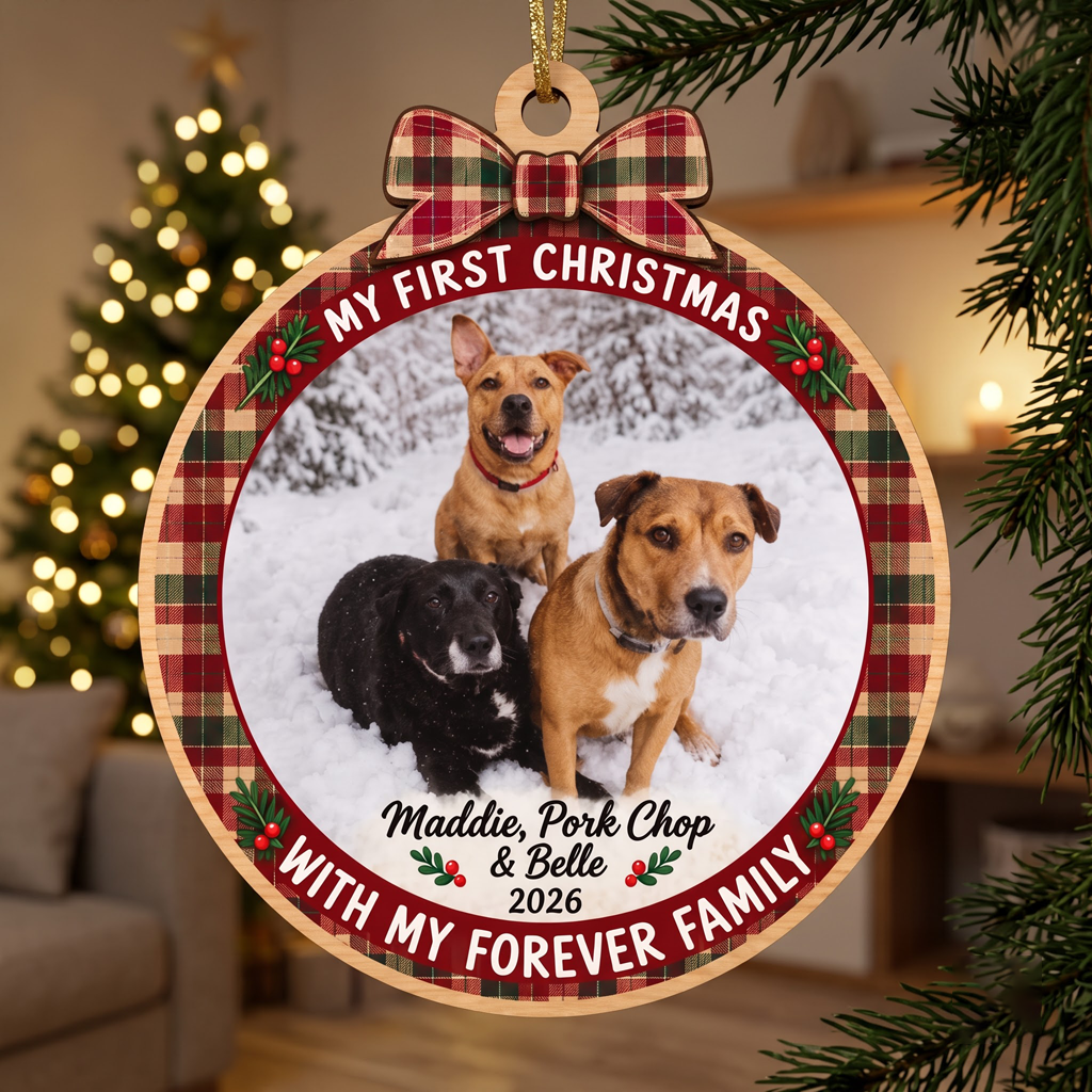 My First Christmas With My Forever Dog Custom Photo Names Pet Wooden Ornament