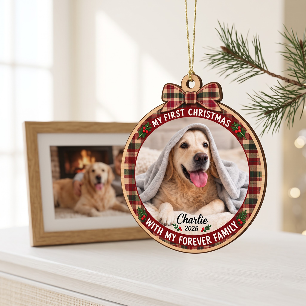My First Christmas With My Forever Dog Custom Photo Names Pet Wooden Ornament