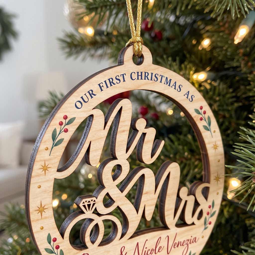 Our First Christmas As Mr & Mrs Custom Name & Date Wedding Newlywed Couple Gift Wooden Christmas Ornament