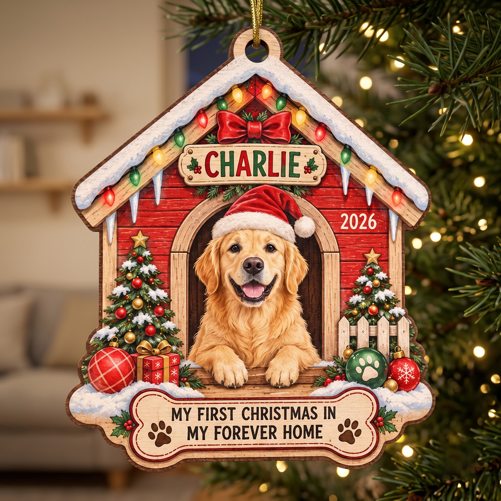 My First Christmas In Forever Home for Dog Mom Custom Dog Name Address Home Pet Wooden Ornament