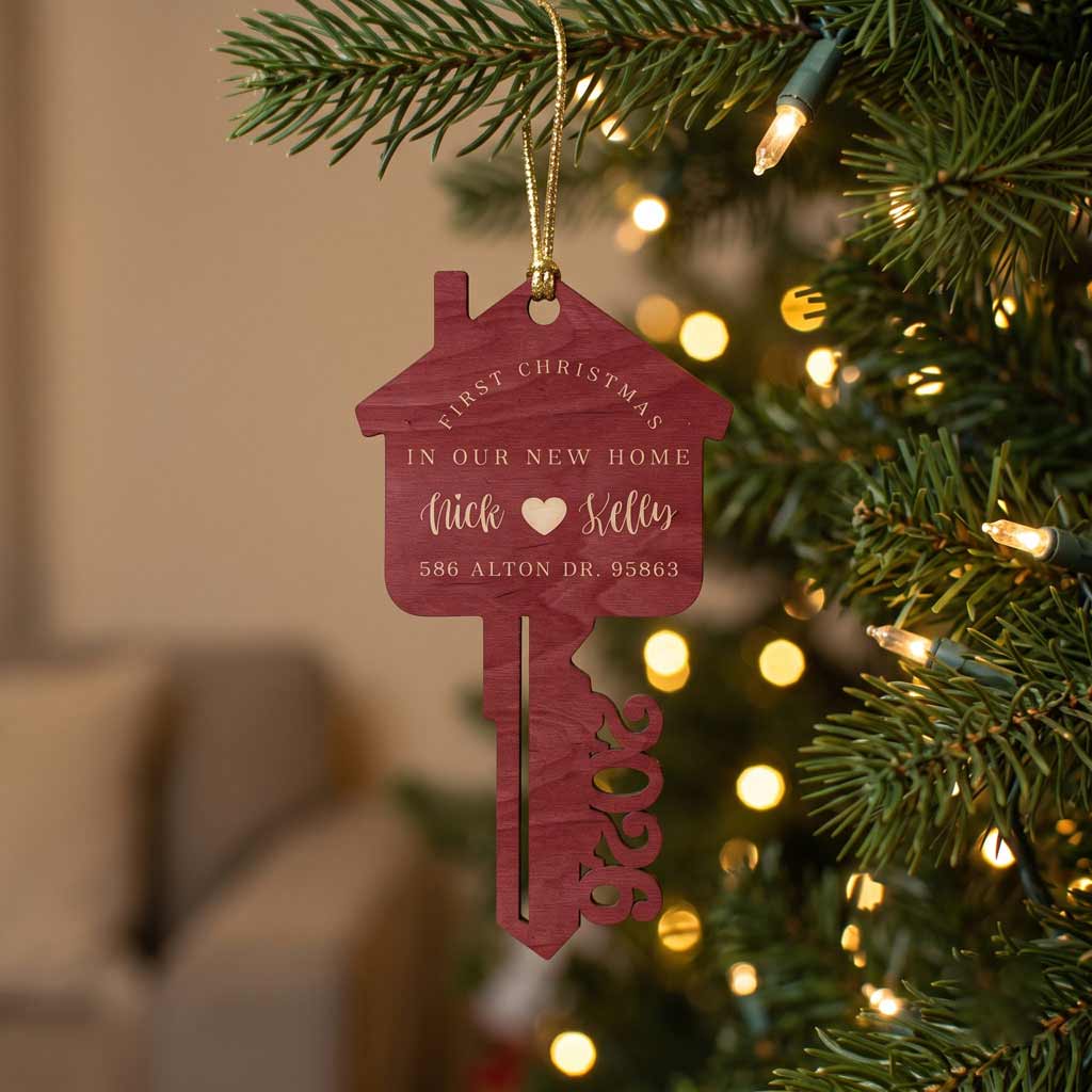 First Christmas In Our New Home 2026 House Key Custom Address New Home Wooden Ornament