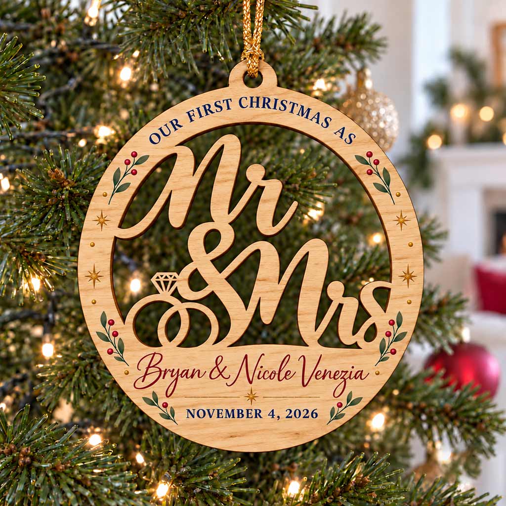 Our First Christmas As Mr & Mrs Custom Name & Date Wedding Newlywed Couple Gift Wooden Christmas Ornament
