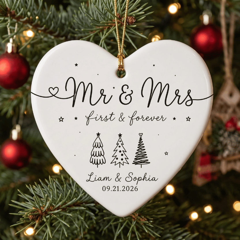 Mr and Mrs First and Forever Custom Names Date Wedding/Engagement Heart Ceramic Christmas Ornament