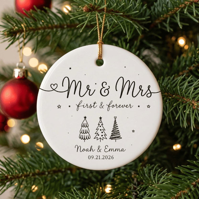 Mr and Mrs First and Forever Custom Names Date Wedding/Engagement Round Ceramic Christmas Ornament