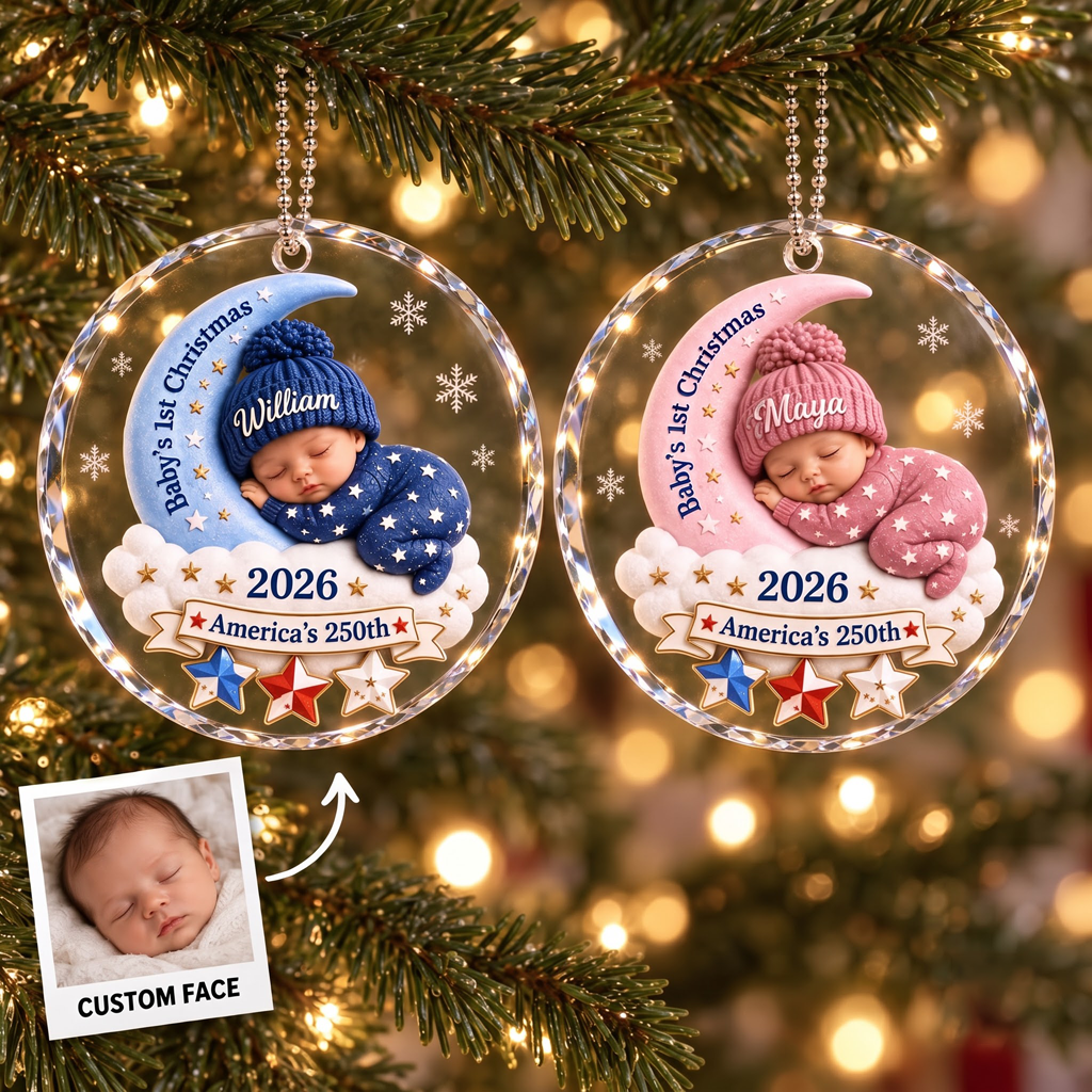 Baby's First Christmas America's 250th Custom Boy or Girl Face Newborn Patriotic Keepsake Glass Ornament