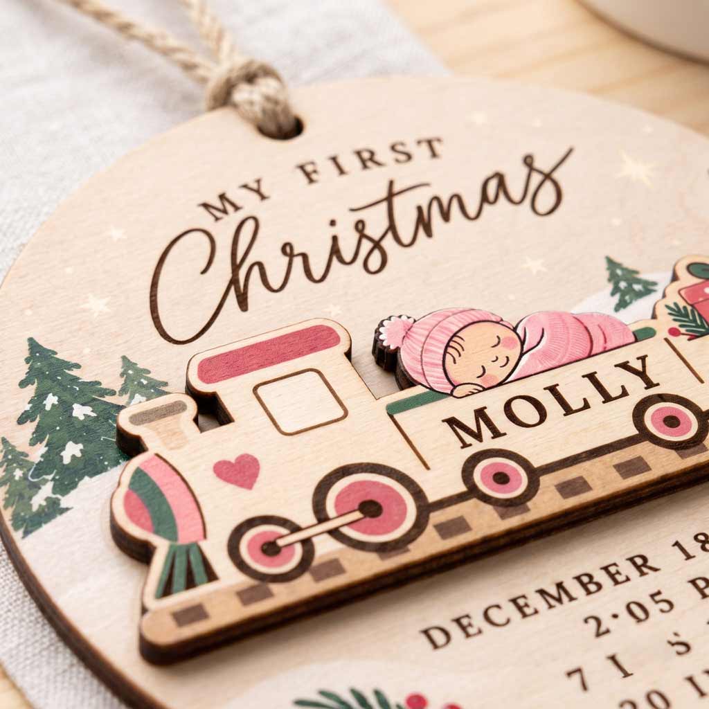 My First Christmas Baby Train Custom Birth Details Newborn Baby Gift Wooden Christmas Ornament