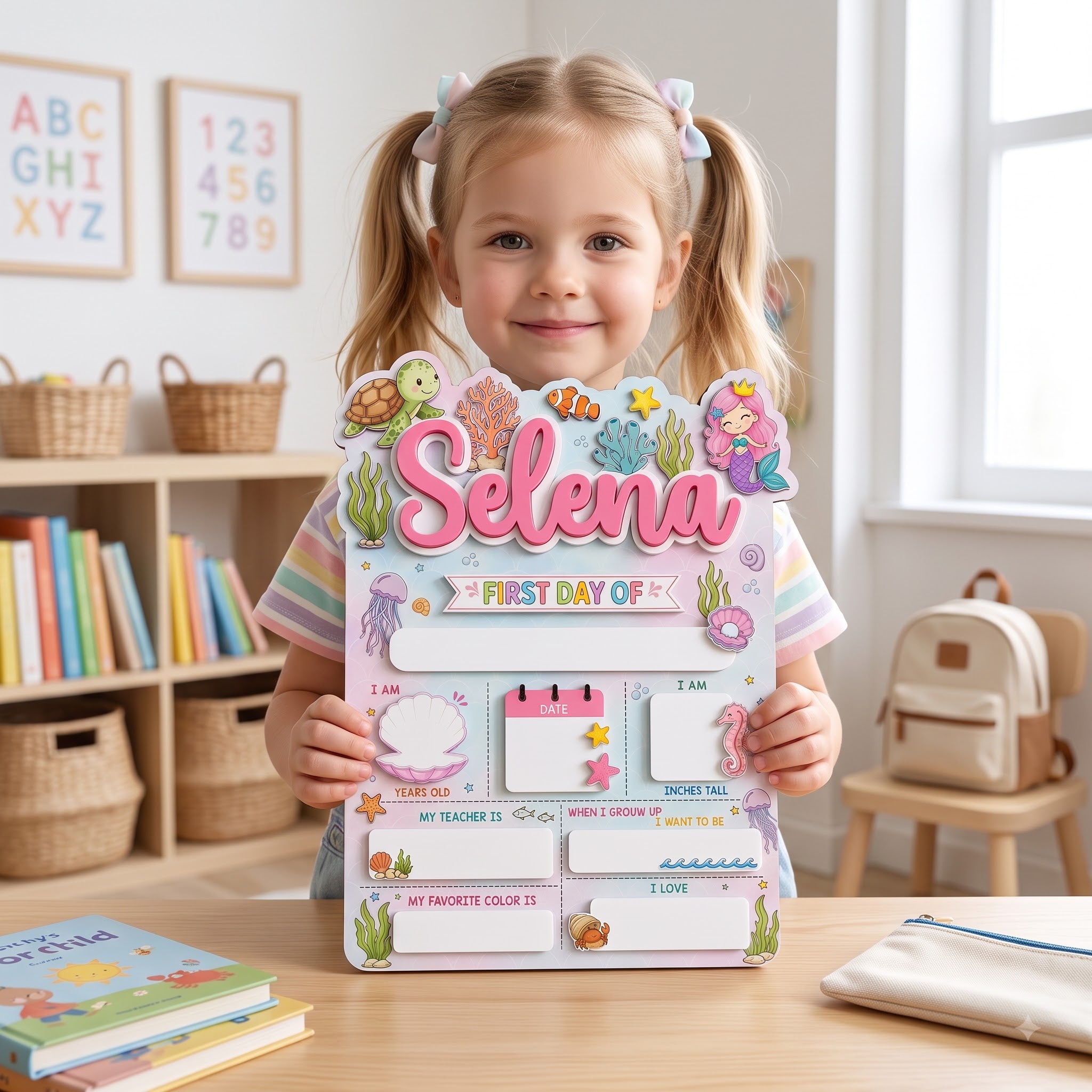 Personalized Cute Underwater Princess First & Last Day School Sign, Reusable Dry Erase Board, Back to School Sign