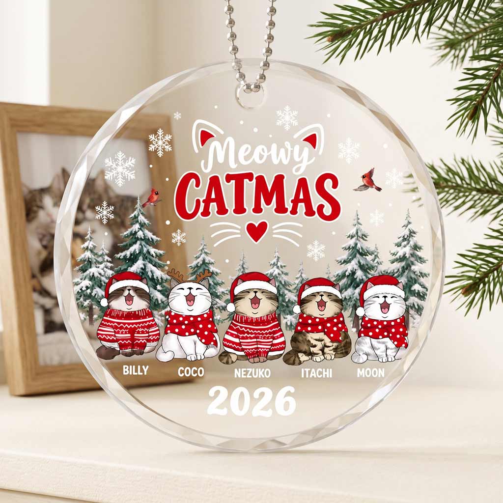 Meowy Catmas Kitten Custom Pet Names Cat Round Glass Ornament