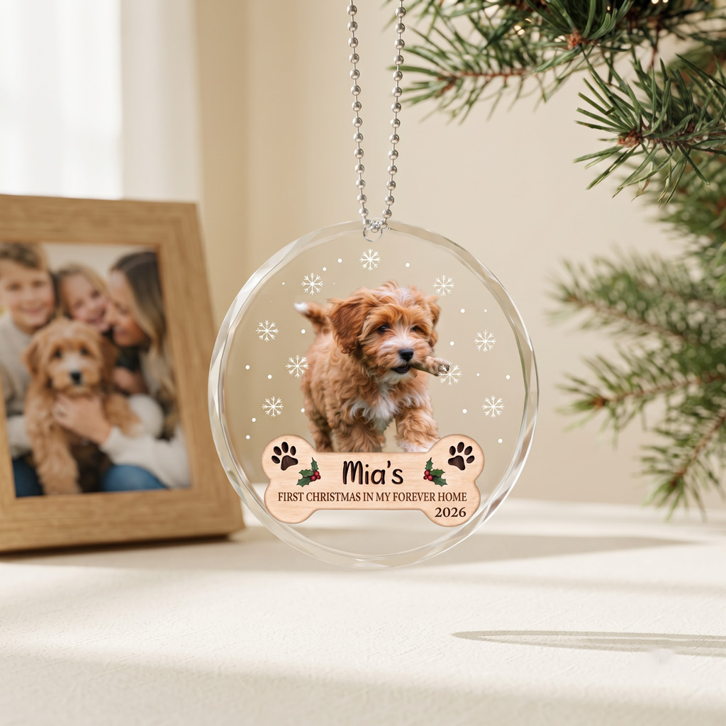 First Christmas In My Forever Home Keepsake Dog Lover Gift Custom Pet Name Dog Cat Round Glass Christmas Ornament