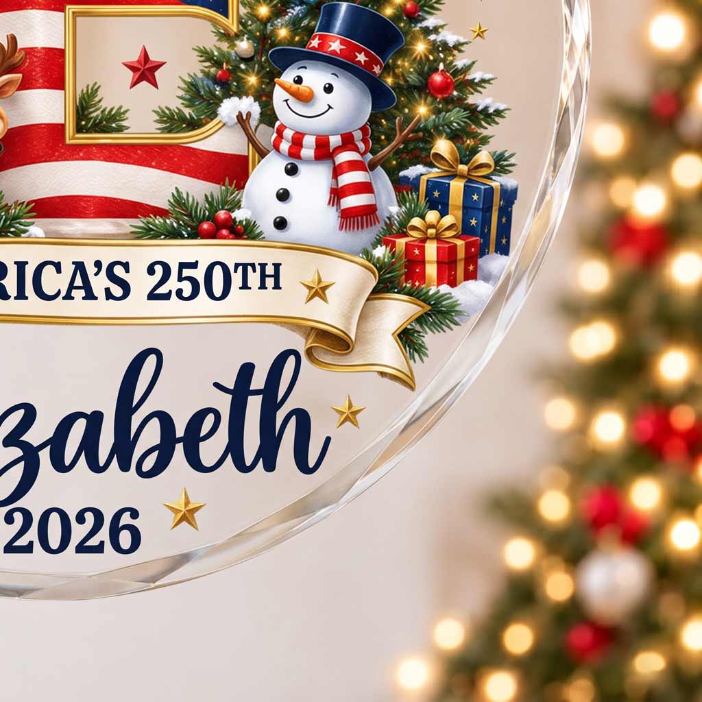 America's 250th Christmas Initial Custom Name 2026 Patriotic Round Glass Christmas Ornament
