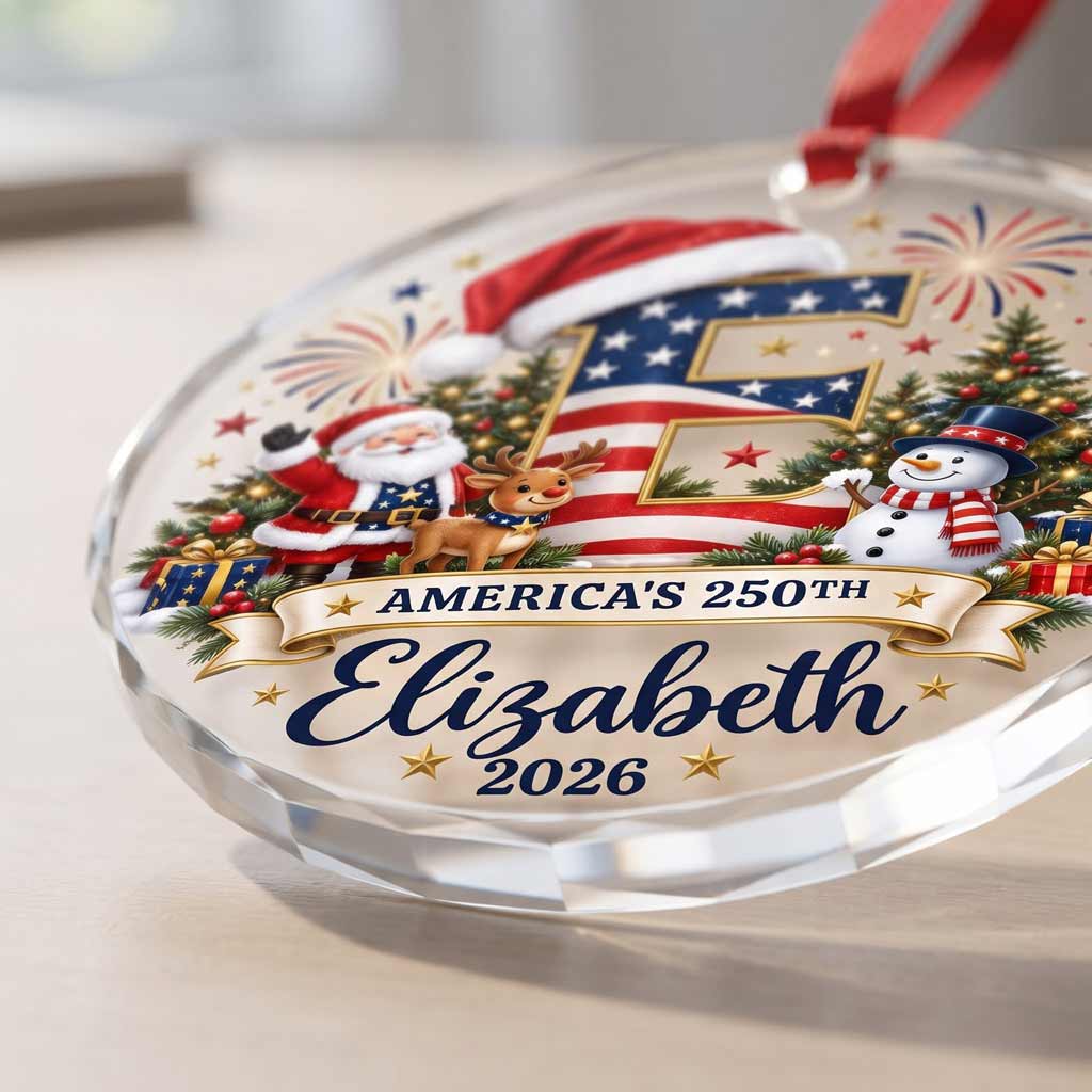 America's 250th Christmas Initial Custom Name 2026 Patriotic Round Glass Christmas Ornament