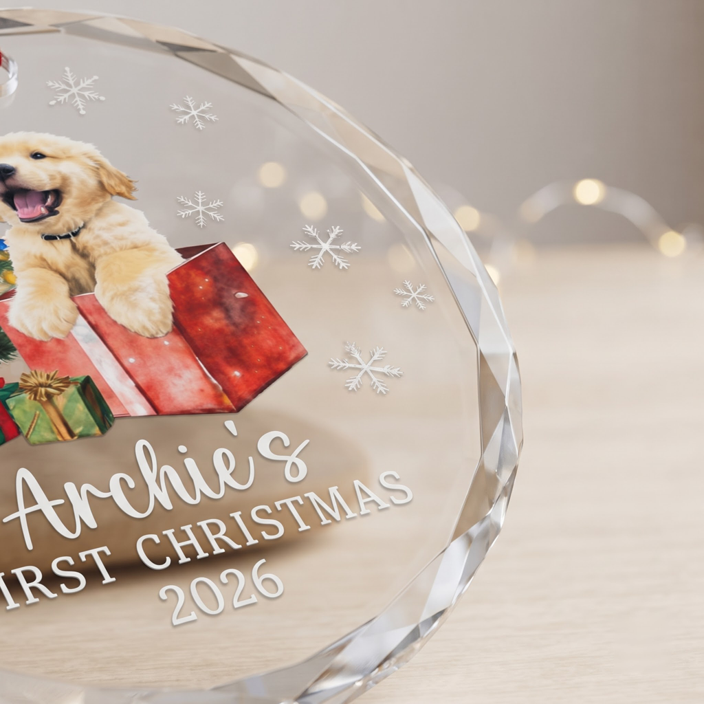My First Christmas of Dog Custom Pet Name Keepsake Round Glass Christmas Ornament