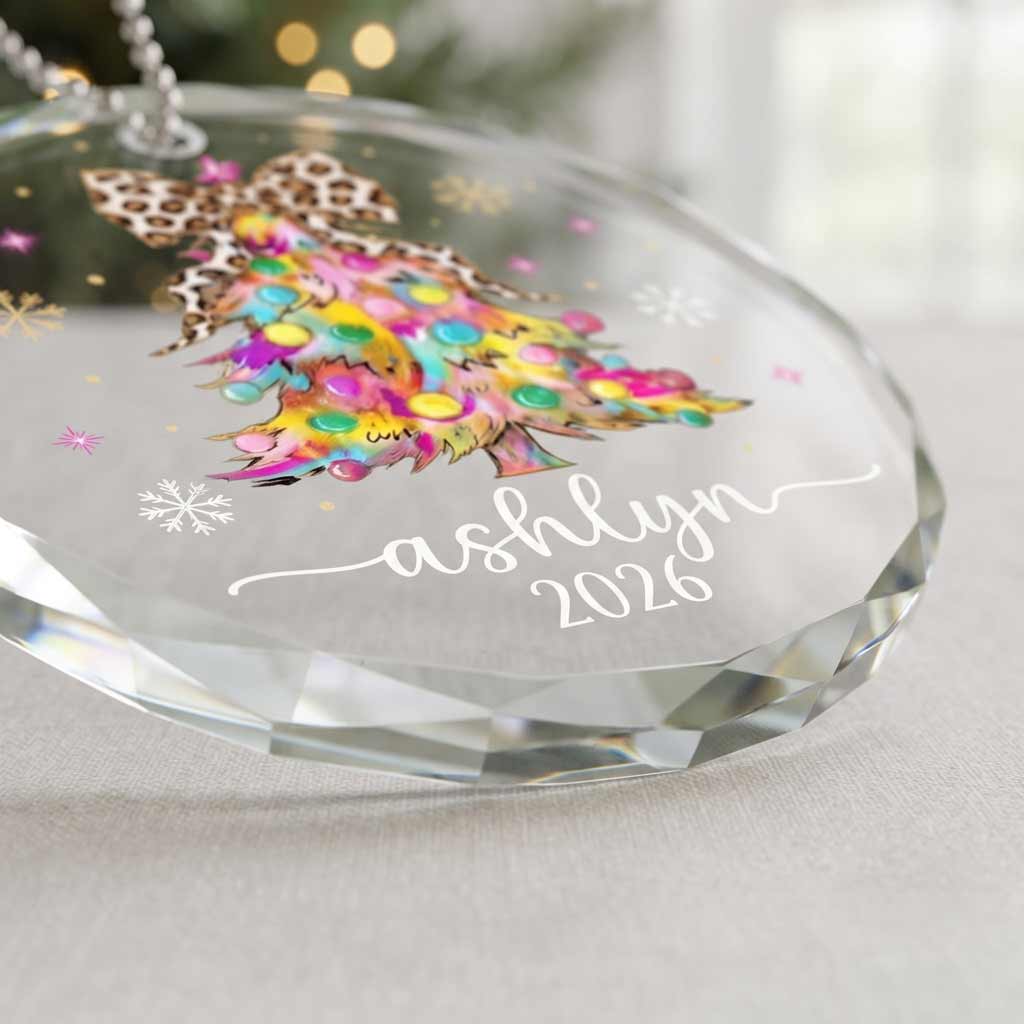 Colorful Christmas Tree Leopard Bow 2026 Custom Name  Christmas Keepsake Round Glass Christmas Ornament