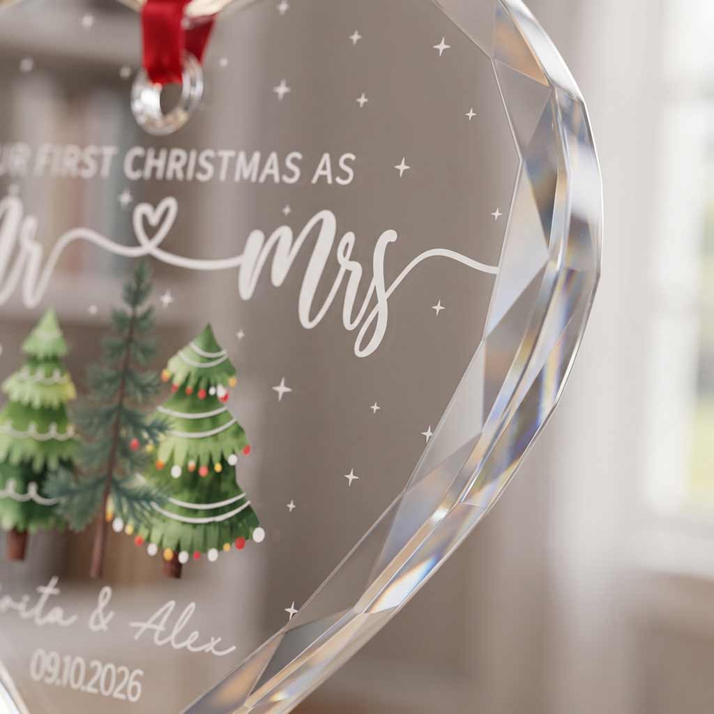 Our First Christmas as Mr & Mrs Custom Couple Name Date Wedding Heart Glass Christmas Ornament