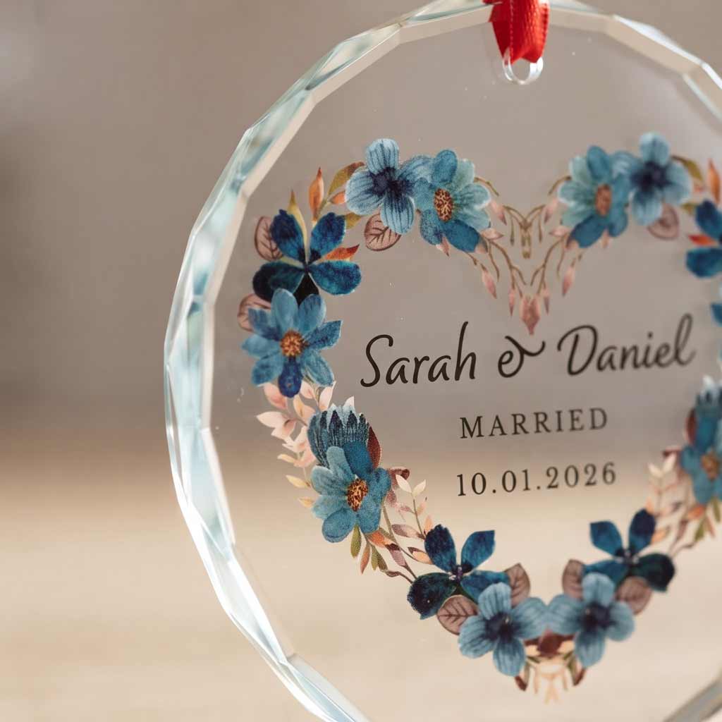 Floral Wedding Wreath Custom Couple Name Date Married Gift Round Glass Christmas Ornament