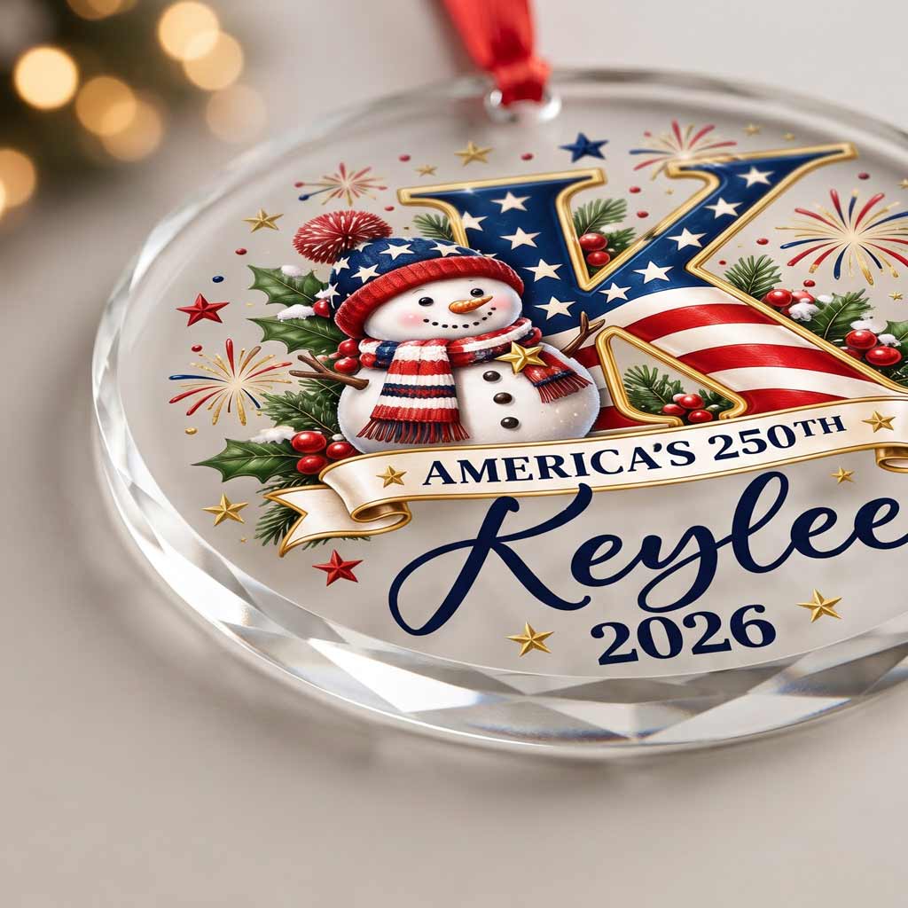 America's 250th Snowman Initial Custom Name 2026 Patriotic Round Glass Christmas Ornament