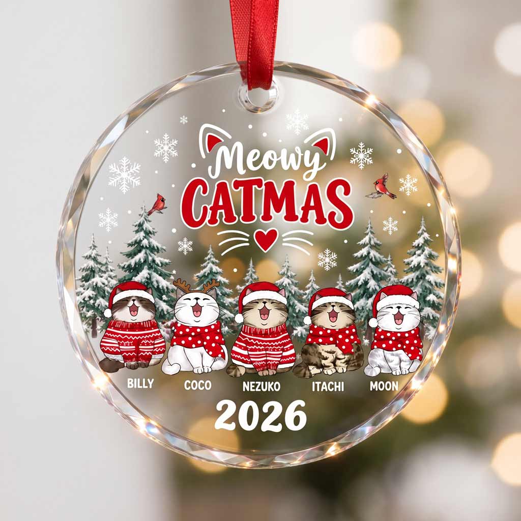 Meowy Catmas Kitten Custom Pet Names Cat Round Glass Ornament