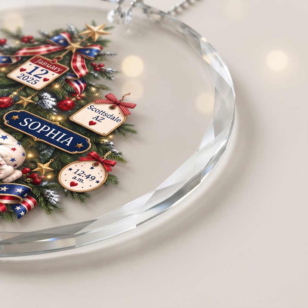 Baby's First Christmas America's 250th Year Custom Name Birth Date Weight Time Newborn Round Glass Ornament