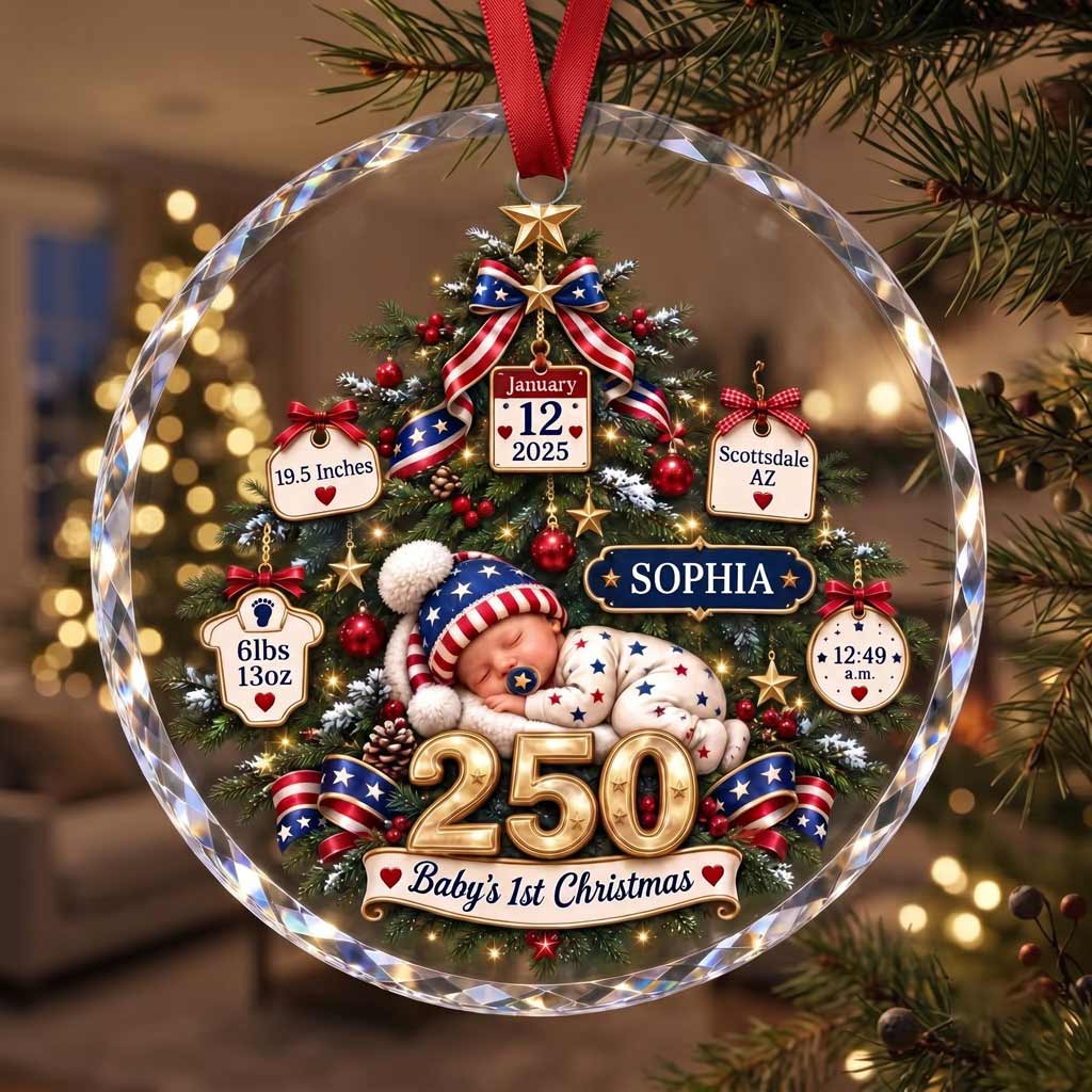 Baby's First Christmas America's 250th Year Custom Name Birth Date Weight Time Newborn Round Glass Ornament
