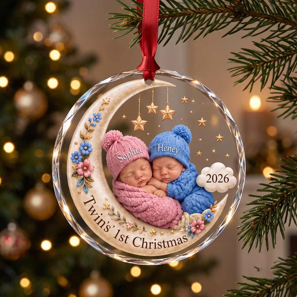 Twins' First Christmas 2026 Baby in Moon and Stars Photo Keepsake Personalized Newborn Round Glass Christmas Ornament