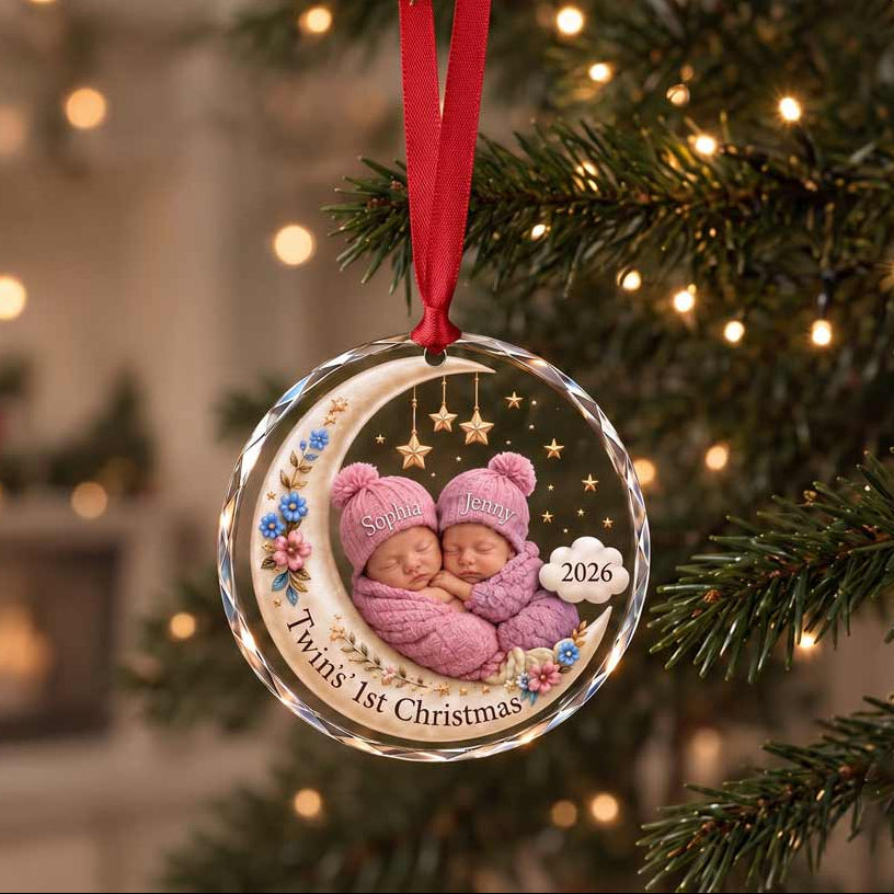 Twins' First Christmas 2026 Baby in Moon and Stars Photo Keepsake Personalized Newborn Round Glass Christmas Ornament