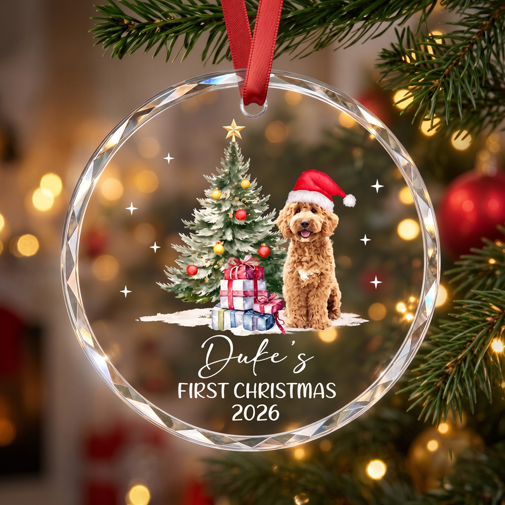 First Christmas for Dog Mom Custom Pet Name Round Glass Christmas Ornament