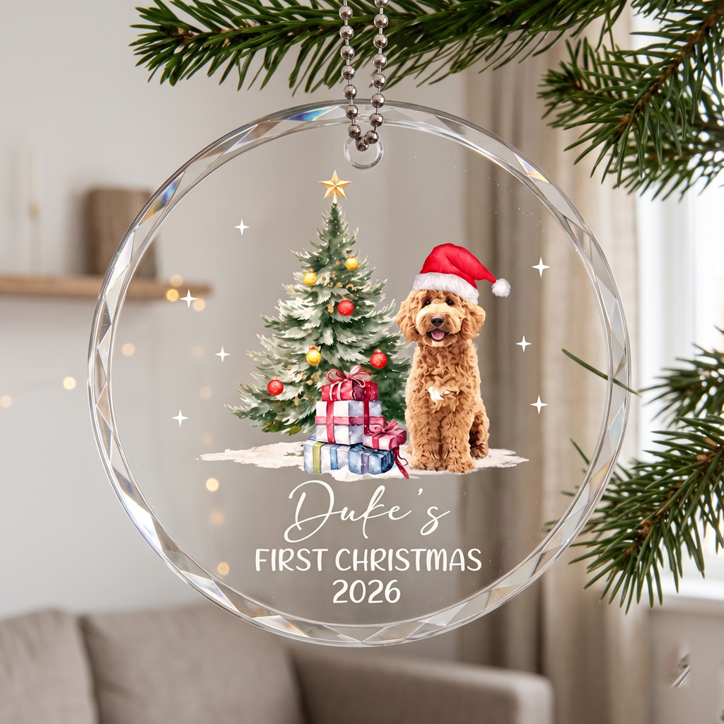 First Christmas for Dog Mom Custom Pet Name Round Glass Christmas Ornament