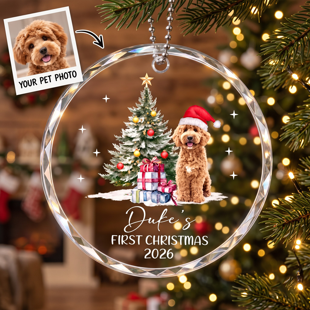 First Christmas for Dog Mom Custom Pet Name Round Glass Christmas Ornament