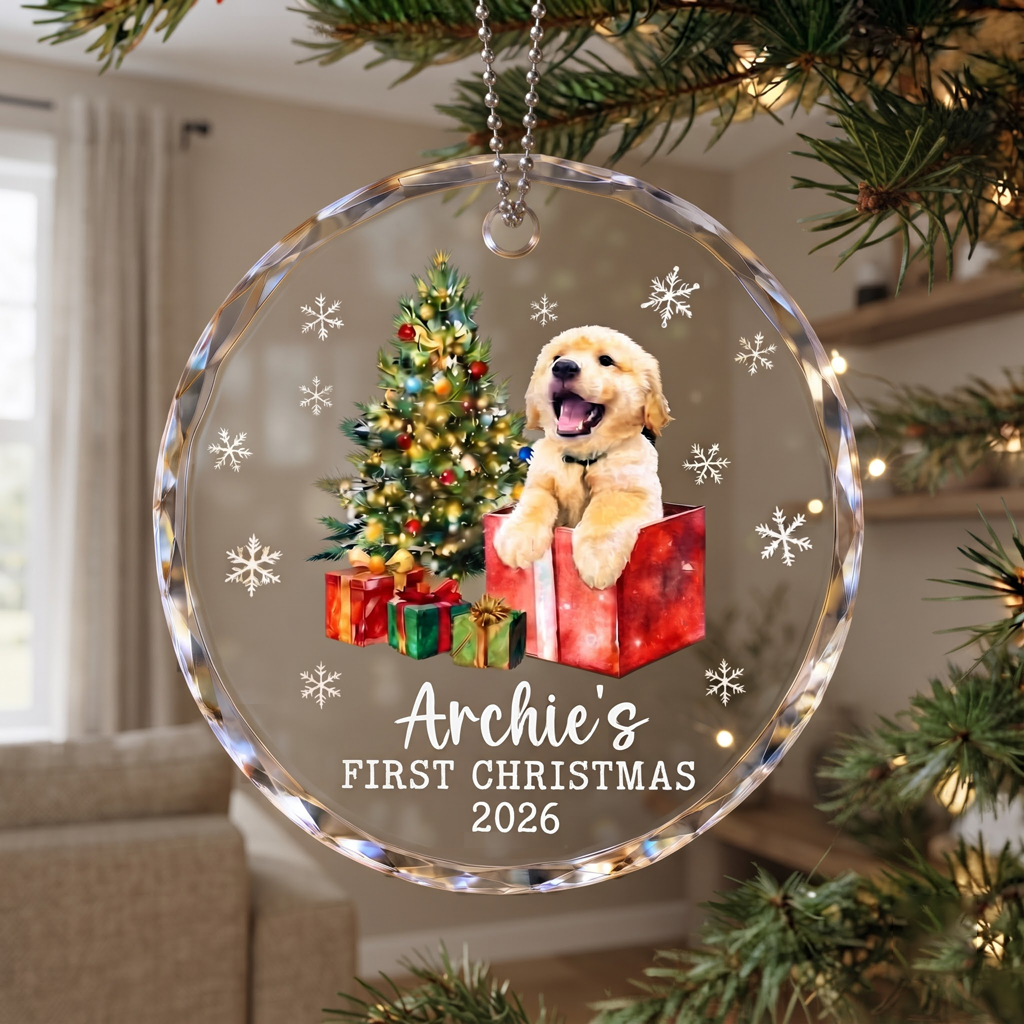 My First Christmas of Dog Custom Pet Name Keepsake Round Glass Christmas Ornament
