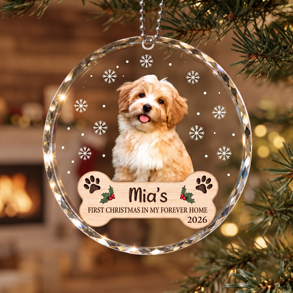 First Christmas In My Forever Home Keepsake Dog Lover Gift Custom Pet Name Dog Cat Round Glass Christmas Ornament