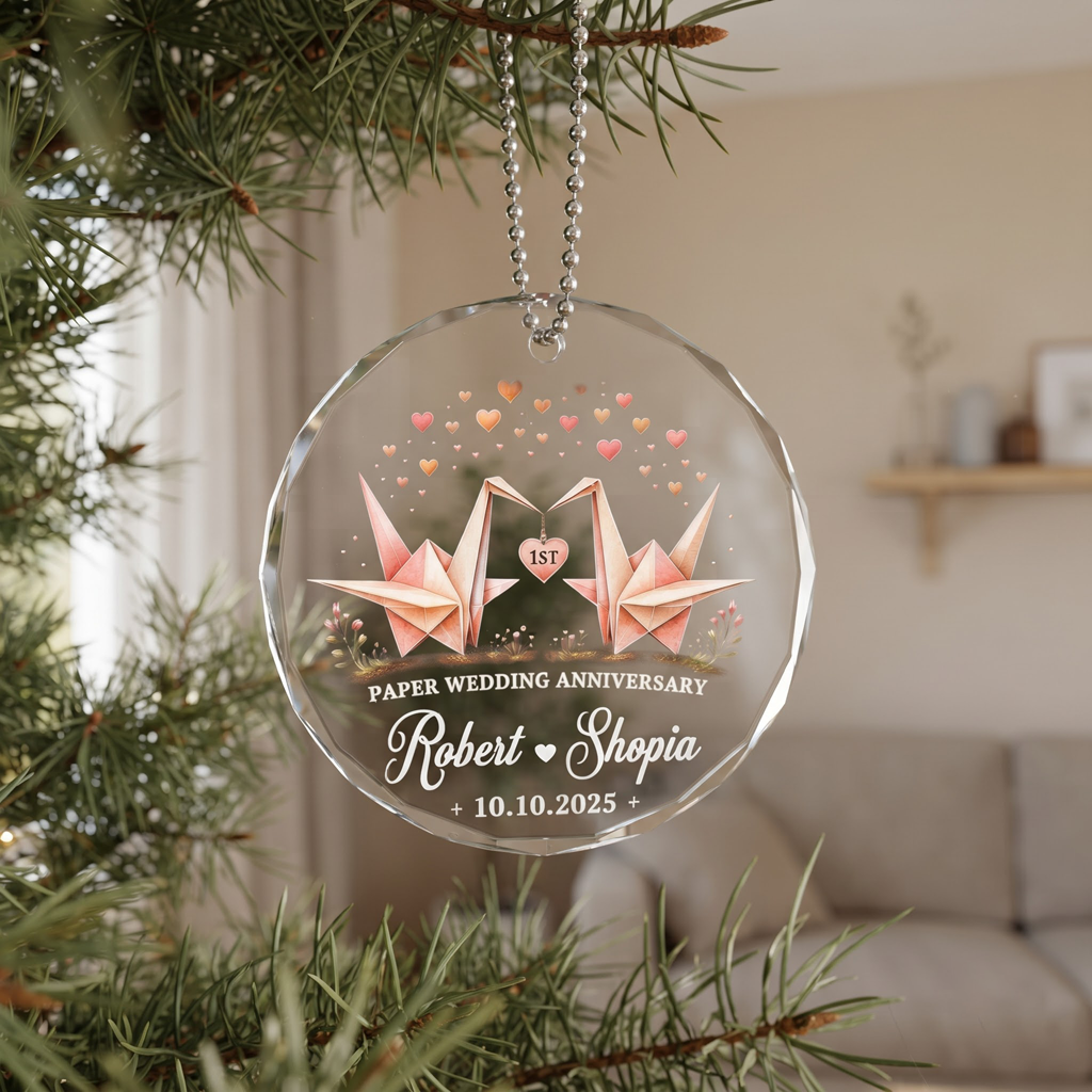 Paper Wedding Anniversary Custom Names Date First Wedding Keepsake Couple Round Glass Christmas Ornament