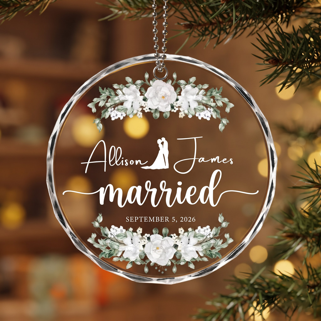 Married Floral Wedding Custom Names Date Wedding Keepsake Anniversary Gift Round Glass Christmas Ornament