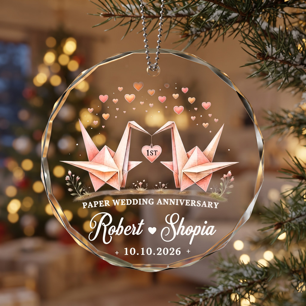 Paper Wedding Anniversary Custom Names Date First Wedding Keepsake Couple Round Glass Christmas Ornament