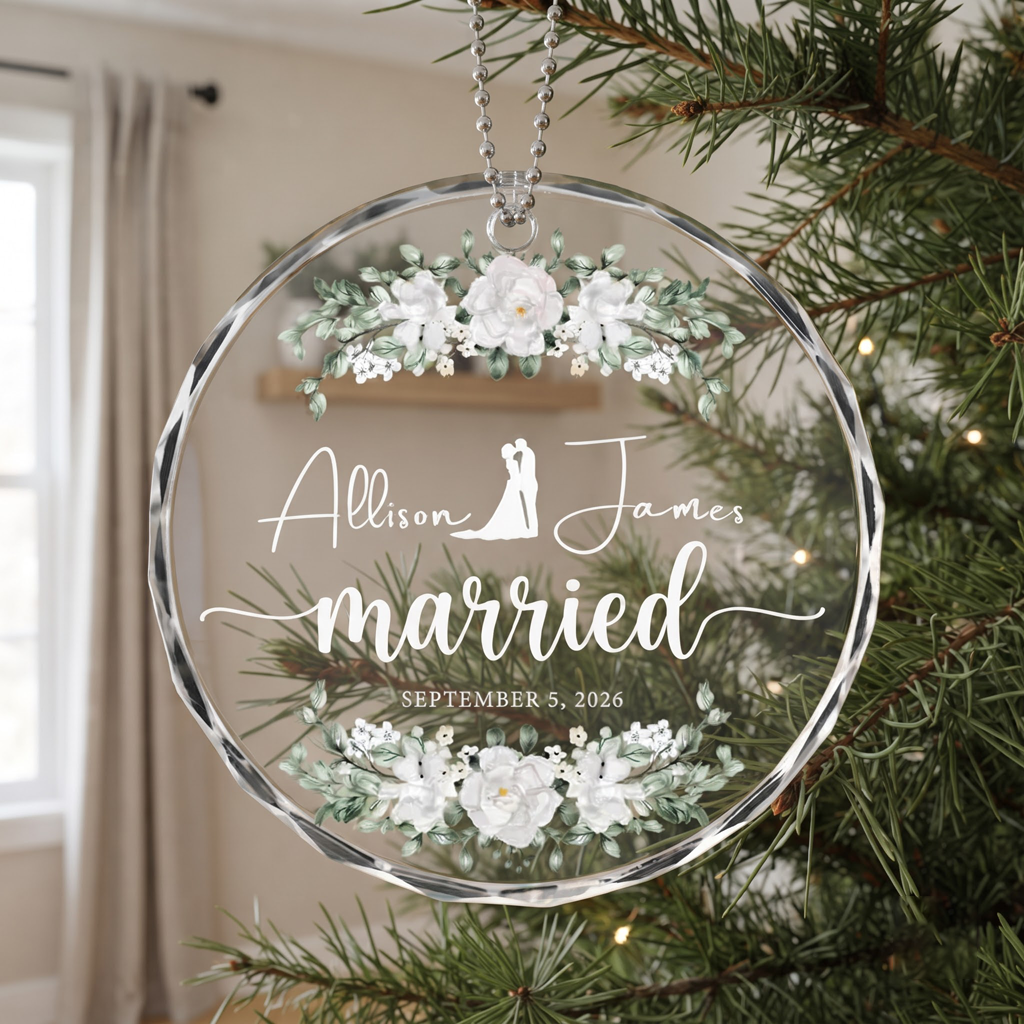 Married Floral Wedding Custom Names Date Wedding Keepsake Anniversary Gift Round Glass Christmas Ornament