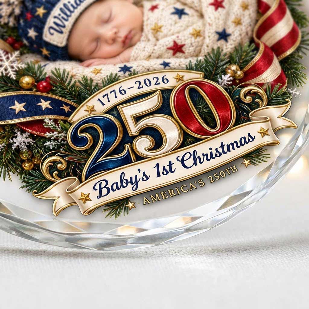 Baby's First Christmas America's 250th Year 1776-2026 Custom Name Newborn Patriotic Round Glass Christmas Ornament