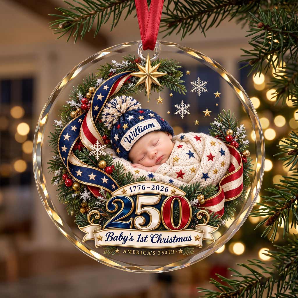 Baby's First Christmas America's 250th Year 1776-2026 Custom Name Newborn Patriotic Round Glass Christmas Ornament