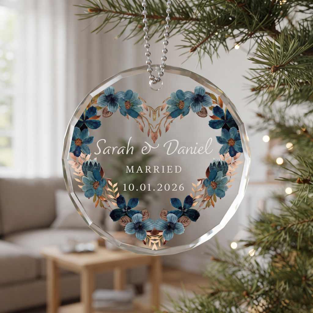 Floral Wedding Wreath Custom Couple Name Date Married Gift Round Glass Christmas Ornament