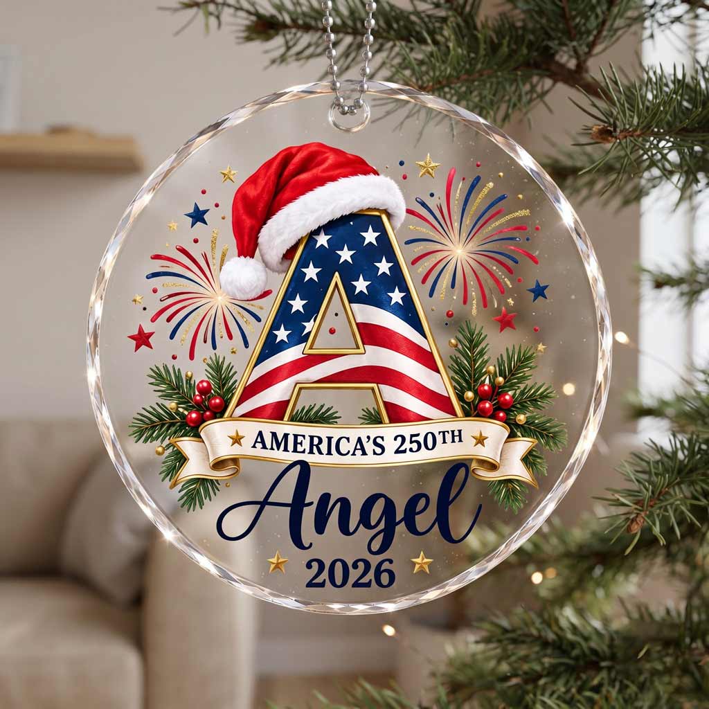 America's 250th Initial 2026 Custom Name Patriotic Holiday Keepsake Round Glass Christmas Ornament