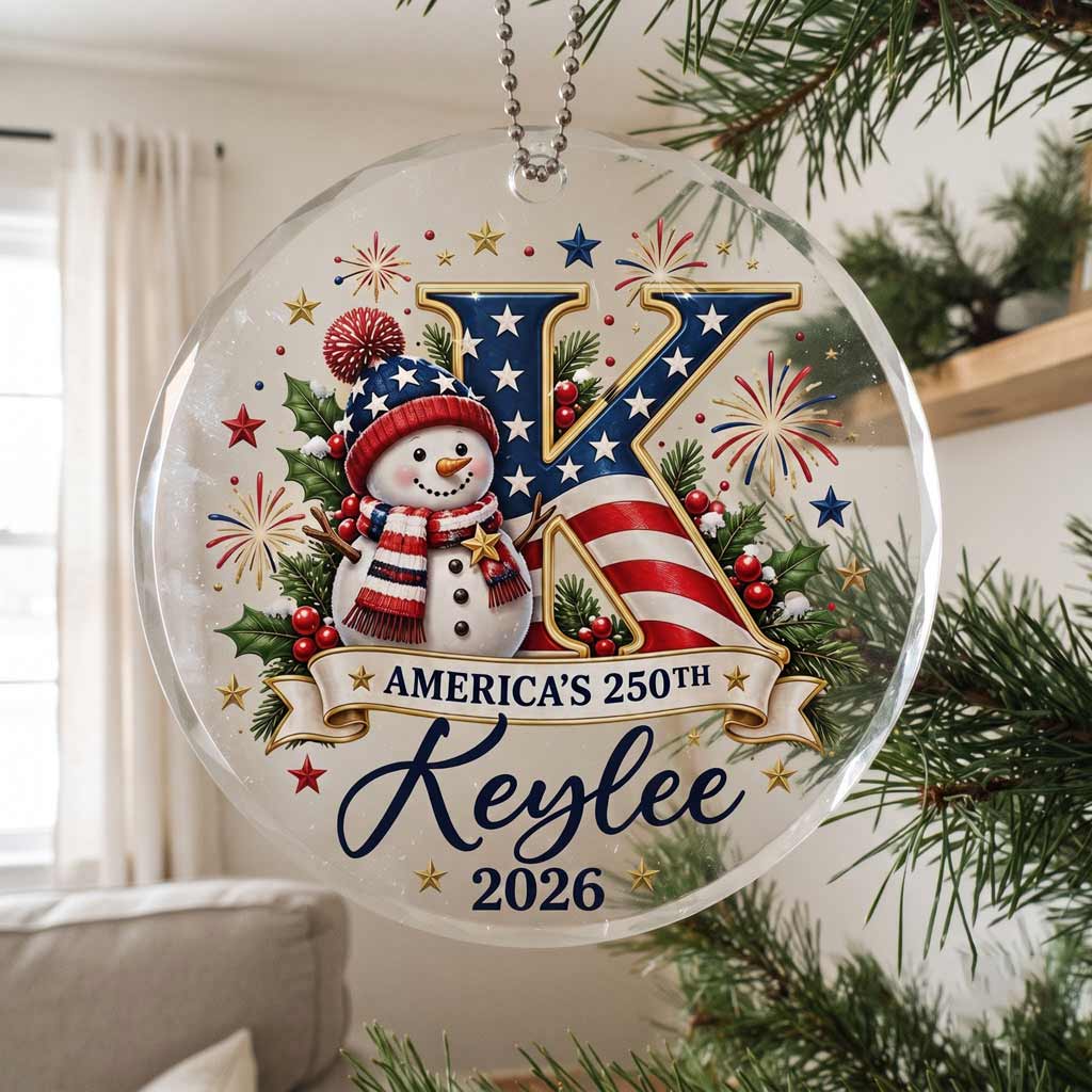 America's 250th Snowman Initial Custom Name 2026 Patriotic Round Glass Christmas Ornament