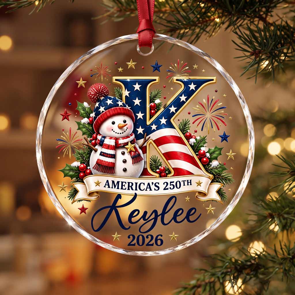 America's 250th Snowman Initial Custom Name 2026 Patriotic Round Glass Christmas Ornament
