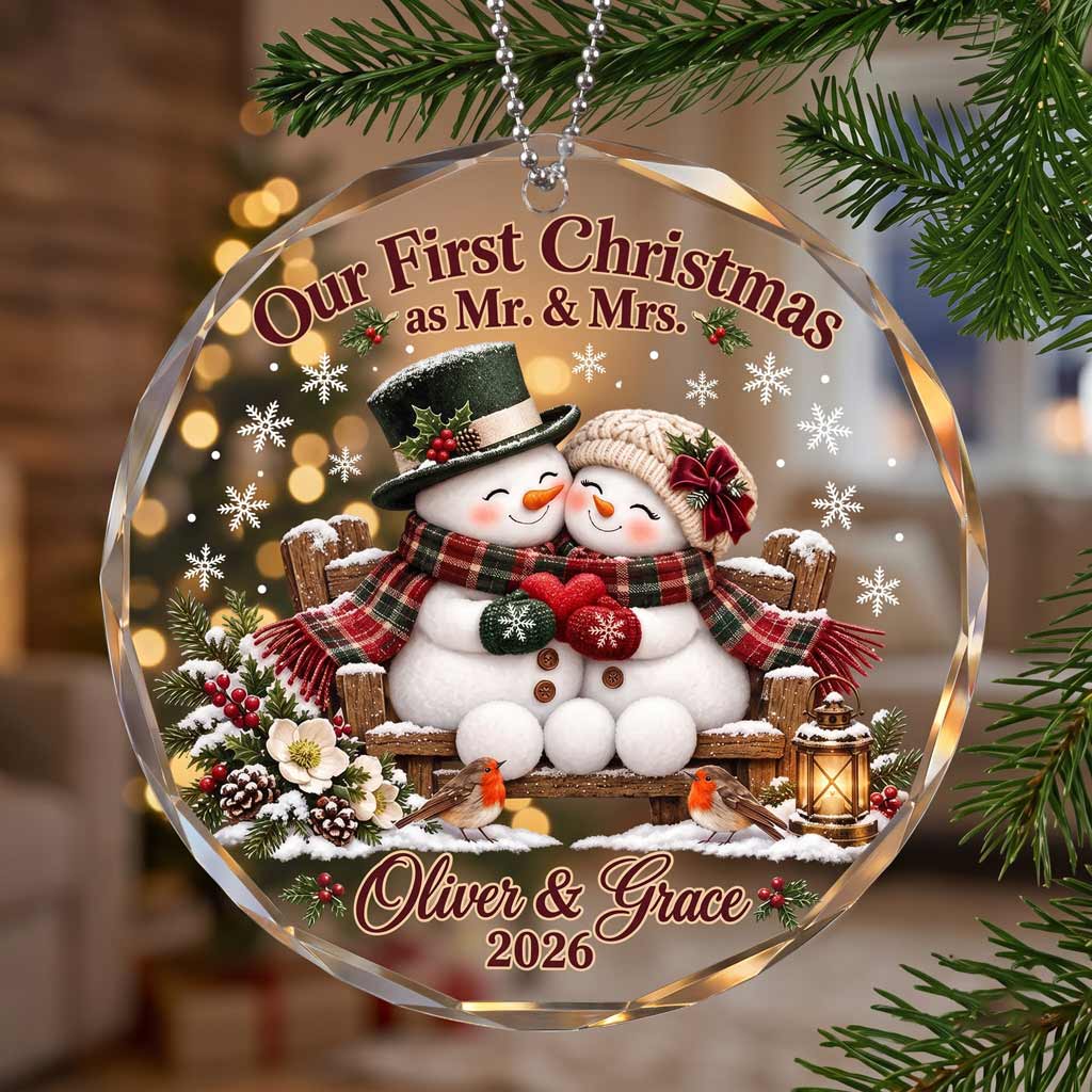 Our First Christmas as Mr & Mrs Snowman Couple Custom Name Date Wedding Newlywed Gift Round Glass Christmas Ornament